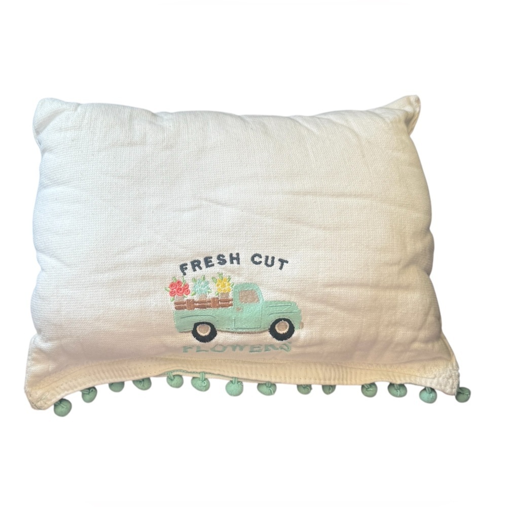 Spring Pillow with Embroidered pickup Truck flowers aqua white throw pillow